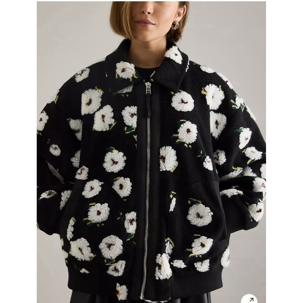 Anthropologie Floral Sherpa Fleece Bomber Jacket Size L  NWT